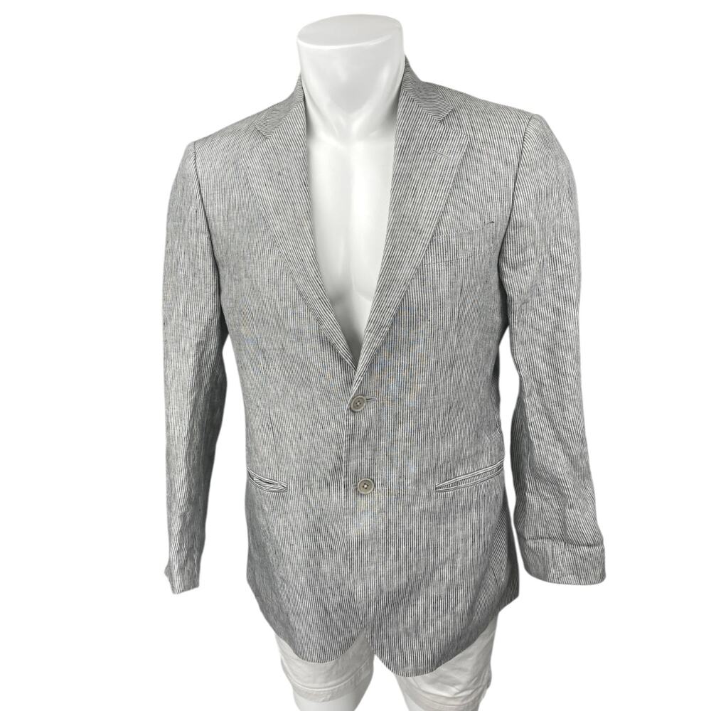 Tombolini 100% Linen Men's Gray Striped Long Sleeve Pocket Blazer Coat Jacket M